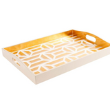 Garden Gate Lacquer Large Rectangle Tray in White & Gold